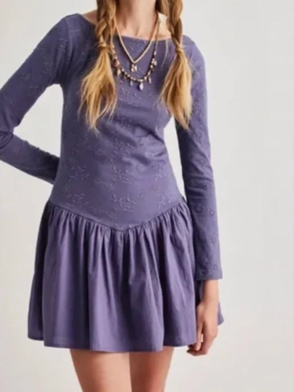 Free People Balletcore Embroidered Surley Cotton Mini Dress Purple Low Back L